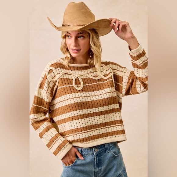 BiBi Striped Open Knit Sweater Top with Front Braided Detail 10010051743 - Picture 8 of 14